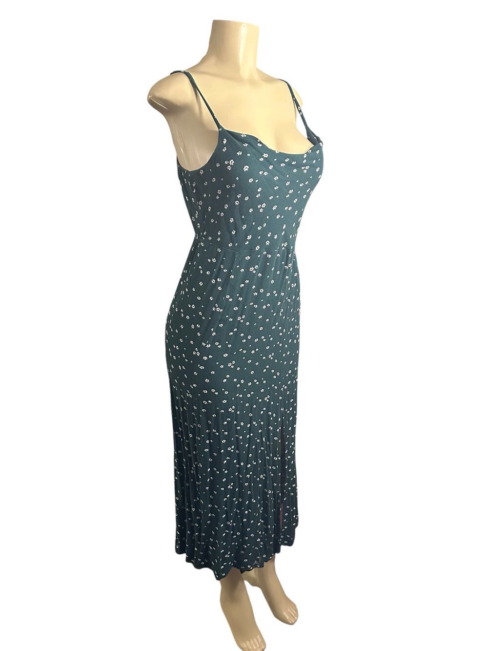 Women M American Eagle Green Midi Floral Printed Dress Slit Spaghetti Strap Y2K
